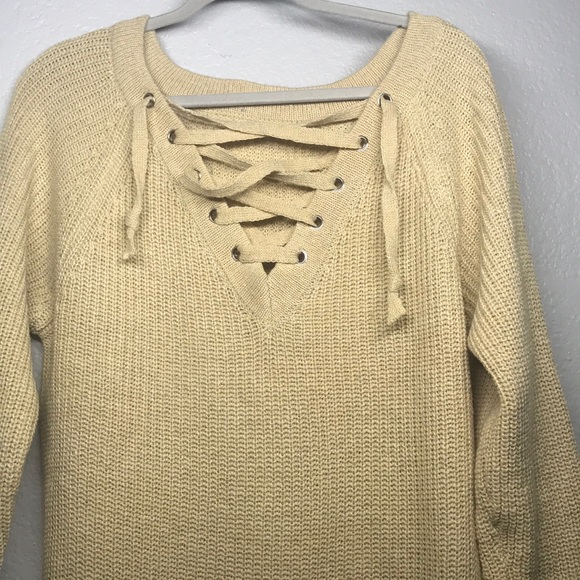 Tan Lace Up Oversized Knit Sweater - Picture 2 of 6